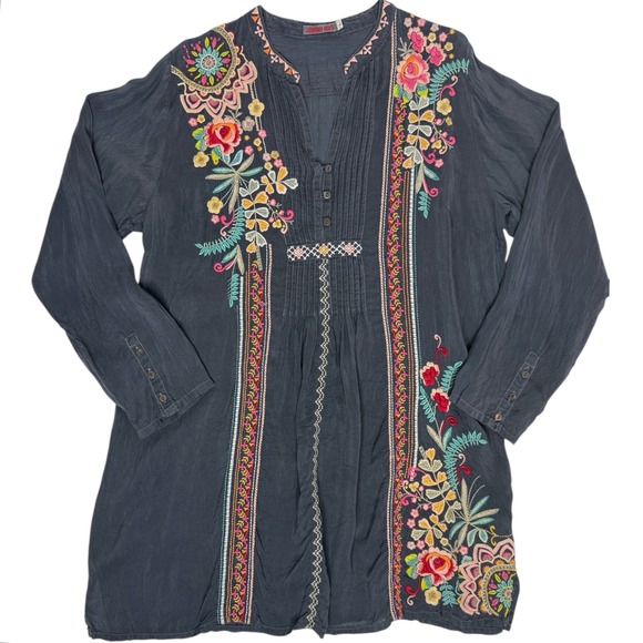 JOHNNY WAS Graphite Grey Cupra Rayon Embroidered Pintuck Tunic Boho Blouse Large